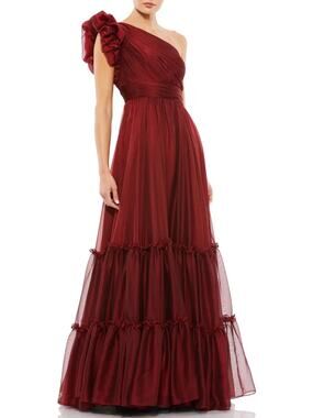 Mac Duggal One-Shoulder Burgundy Tiered Midi Gown